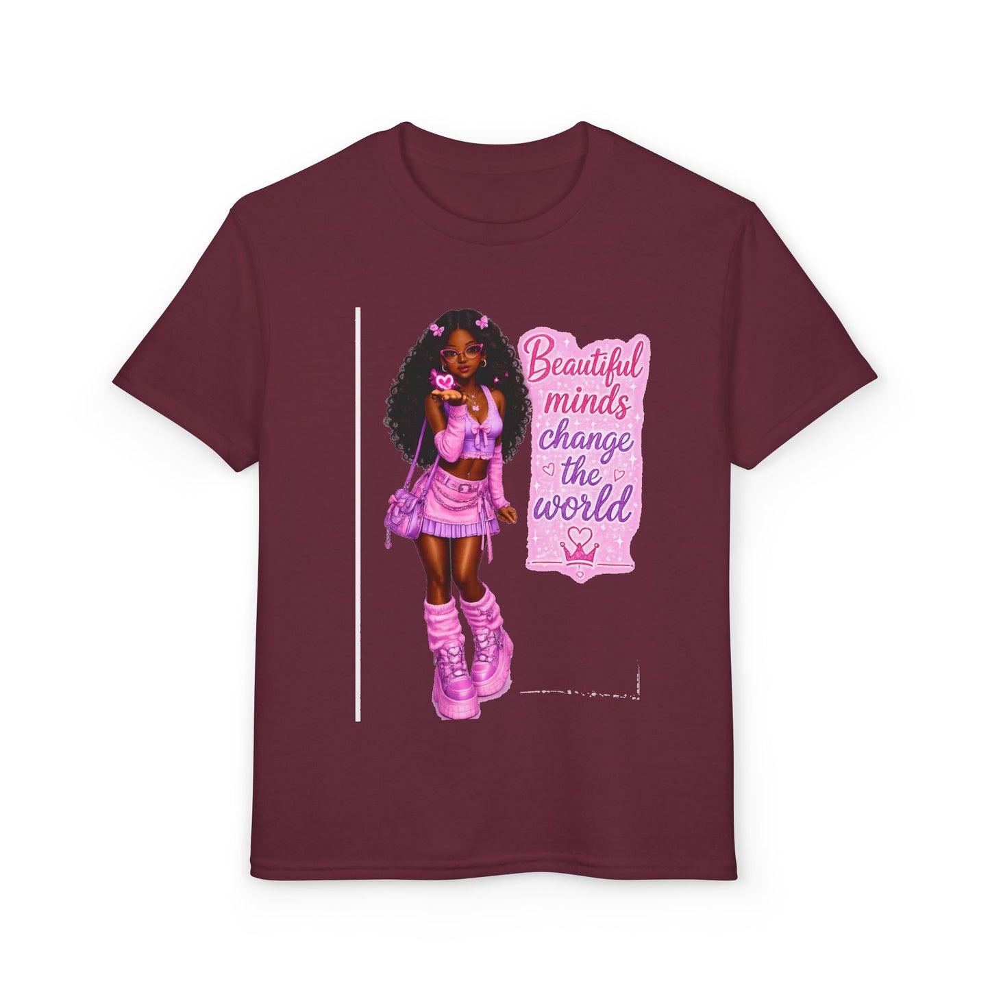 Youth T-Shirt — "Beautiful Minds Change the World" Pink Afro Girl Empowerment Tee