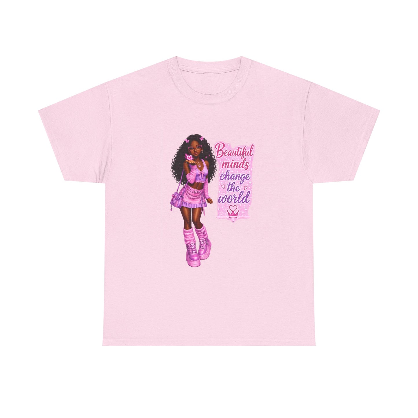 T-Shirt — 'Beautiful Minds Change the World' Pink Afro Girl Graphic