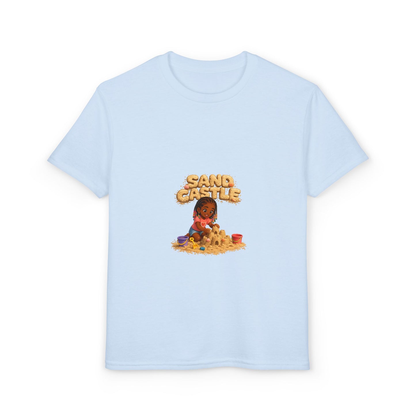 Kids "Sand Castle" Beach T‑Shirt — Cute Kid Building Sandcastle Graphic