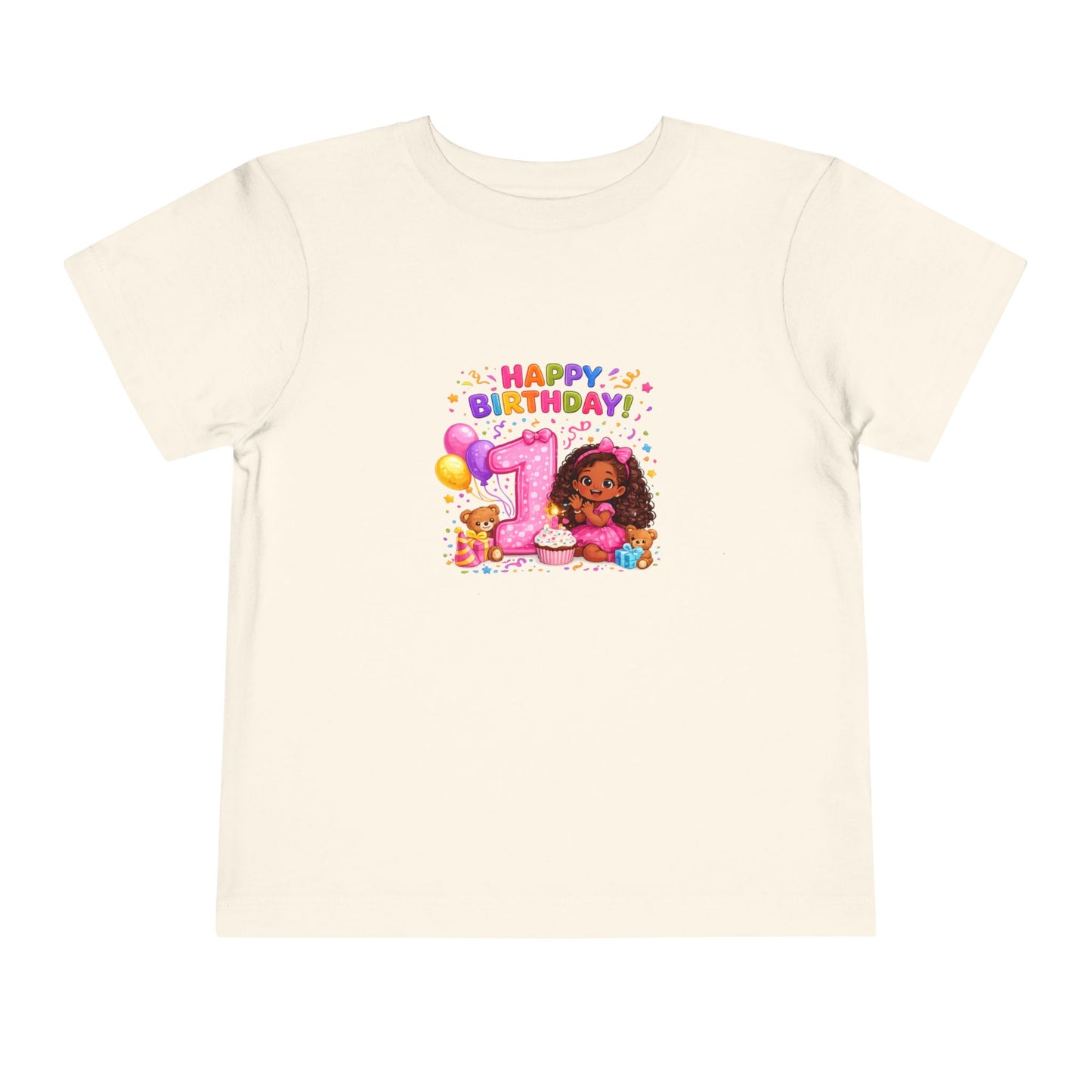 Happy 1st Birthday Toddler Tee — Cute Girl, Balloons & Cake