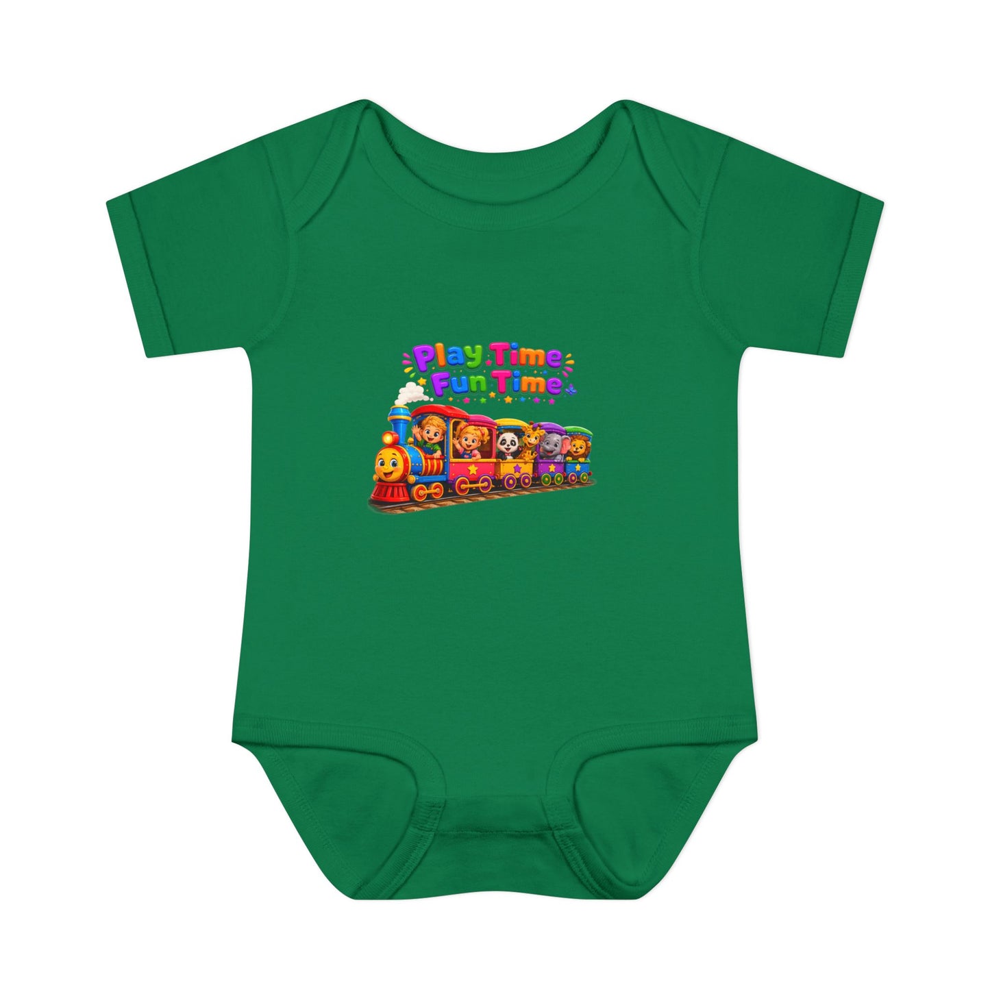 Play Time Fun Time Baby Bodysuit — Colorful Train Infant Onesie