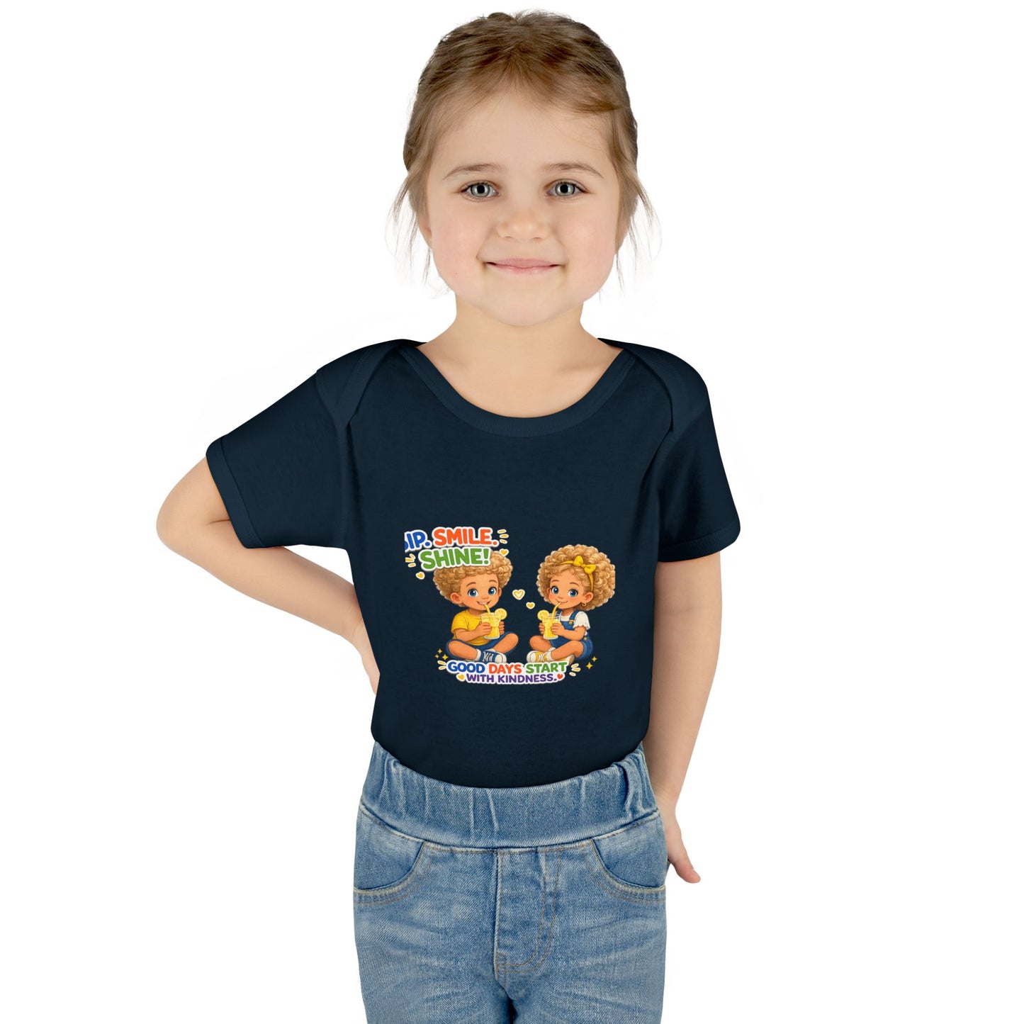 Infant Bodysuit "Rise, Smile, Shine!" Cute Kids Graphic Onesie — "Good Days Start with Kindness"