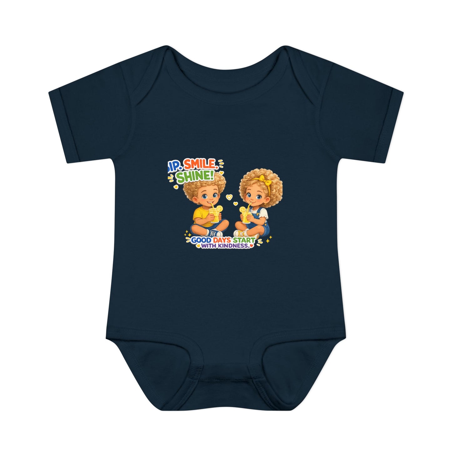 Infant Bodysuit "Rise, Smile, Shine!" Cute Kids Graphic Onesie — "Good Days Start with Kindness"