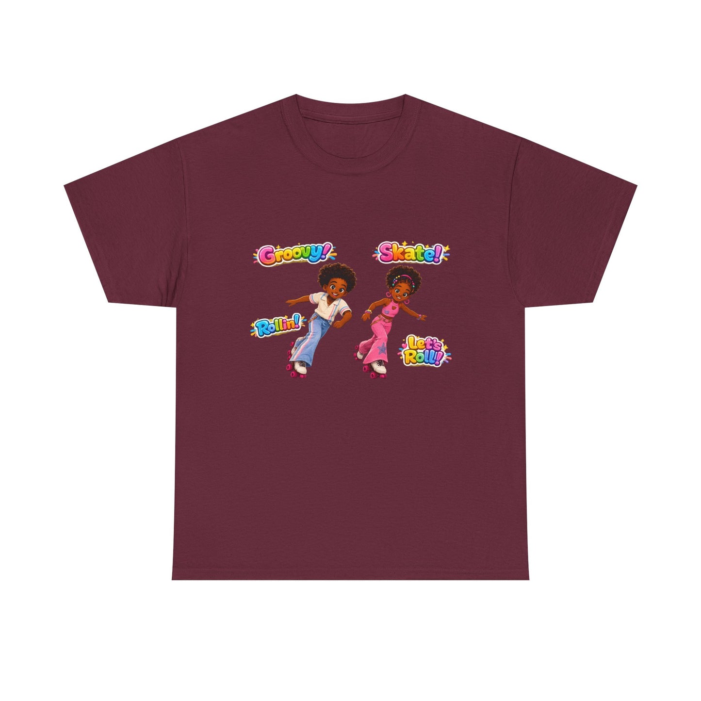 Retro Roller Skating Kids Tee — 'Groovy! Skate!' Colorful 70s-Inspired Shirt