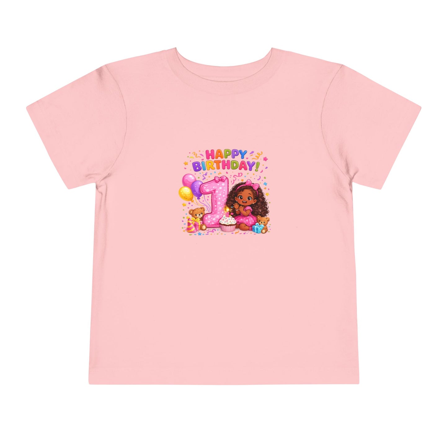 Happy 1st Birthday Toddler Tee — Cute Girl, Balloons & Cake