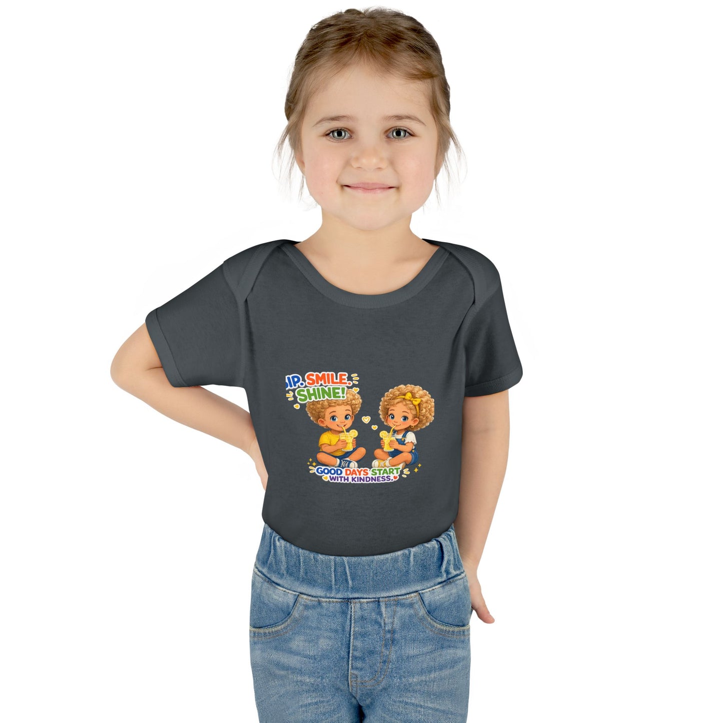 Infant Bodysuit "Rise, Smile, Shine!" Cute Kids Graphic Onesie — "Good Days Start with Kindness"