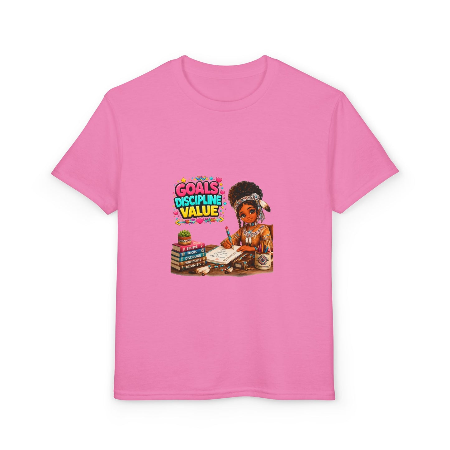 Youth T-Shirt — "Goals, Discipline, Value" Black Girl Studying Design