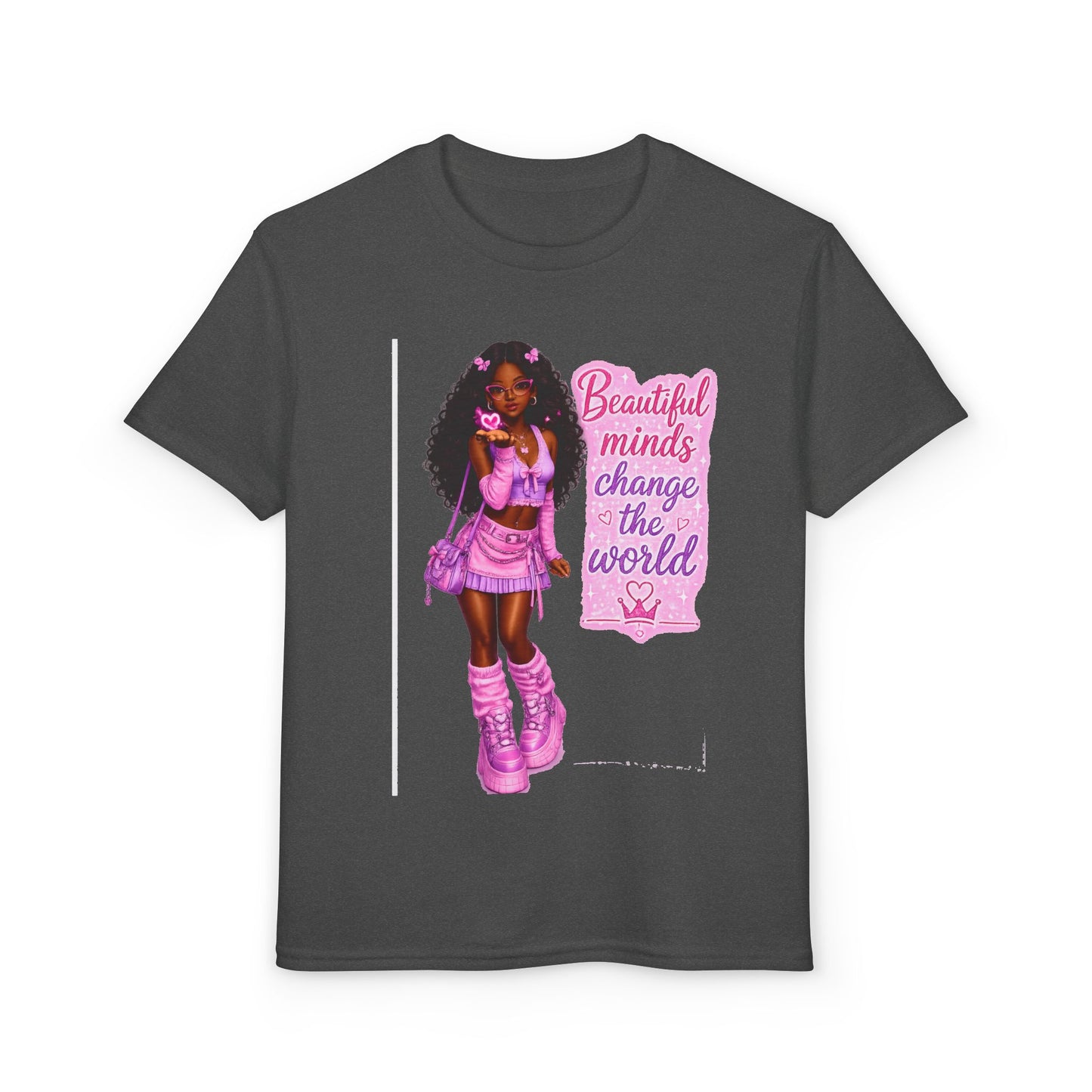 Youth T-Shirt — "Beautiful Minds Change the World" Pink Afro Girl Empowerment Tee