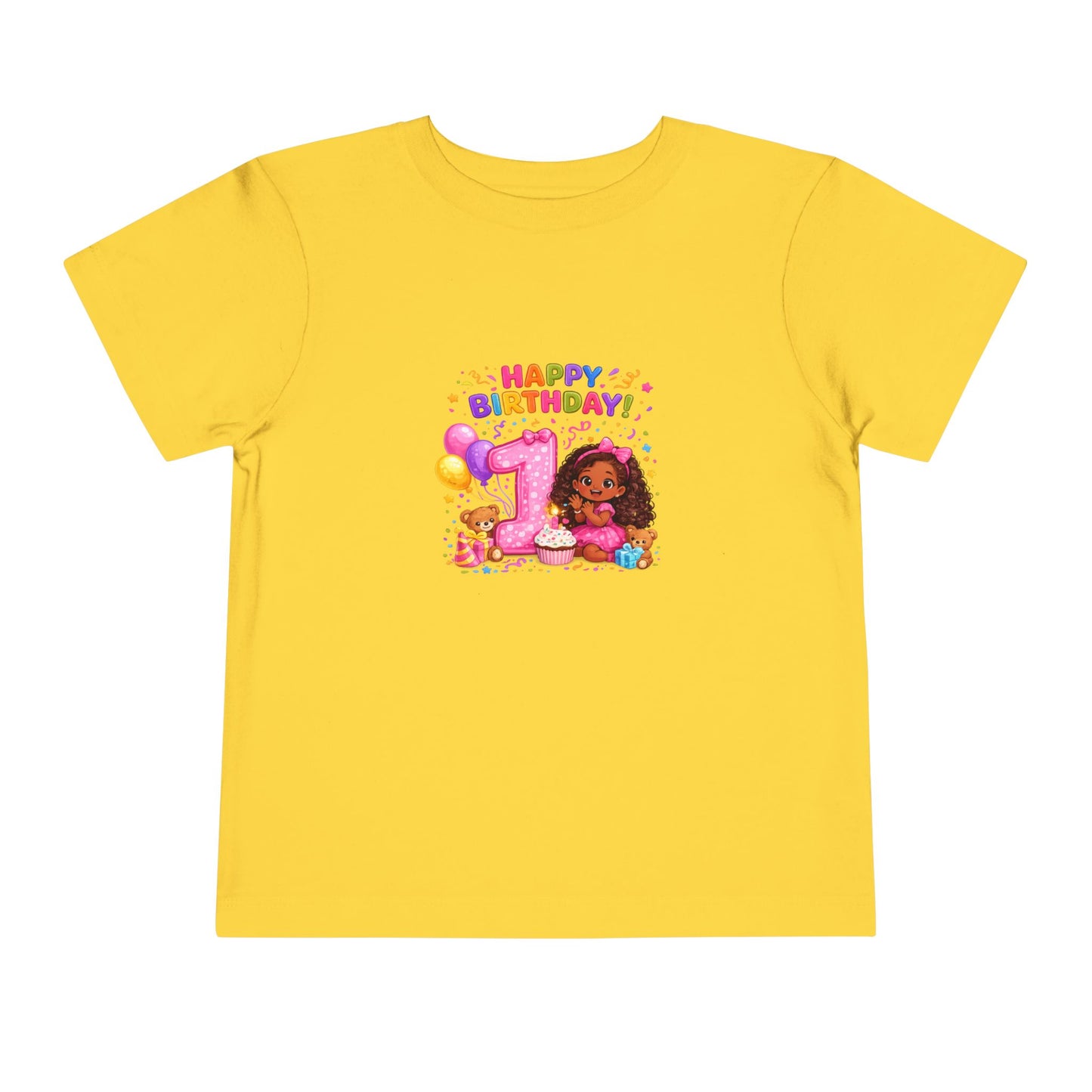 Happy 1st Birthday Toddler Tee — Cute Girl, Balloons & Cake