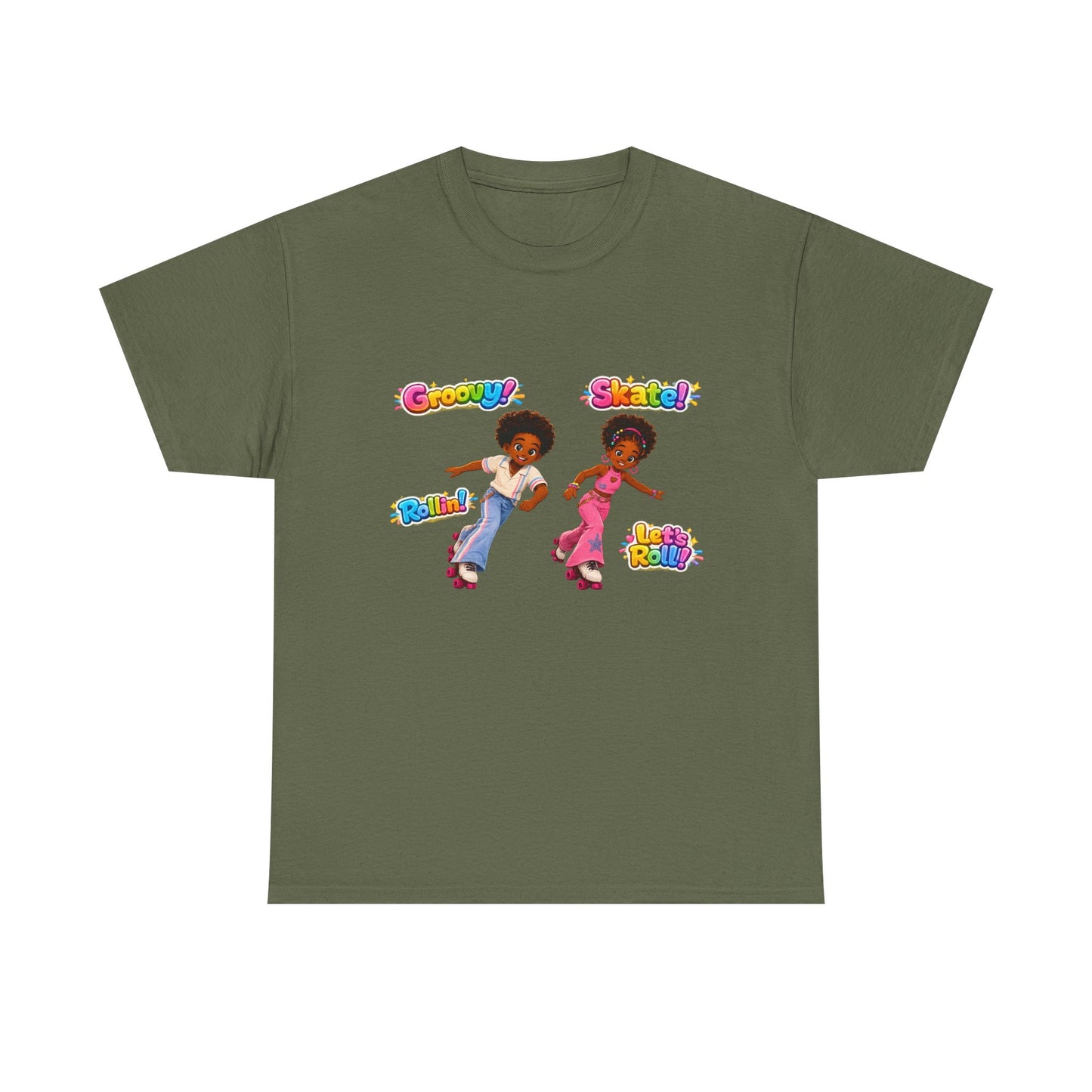 Retro Roller Skating Kids Tee — 'Groovy! Skate!' Colorful 70s-Inspired Shirt