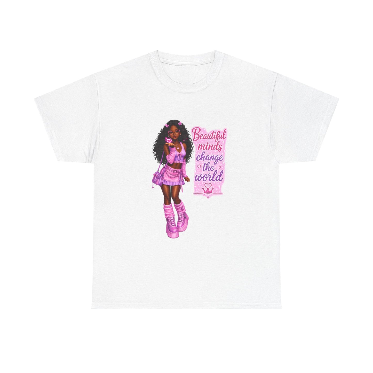 T-Shirt — 'Beautiful Minds Change the World' Pink Afro Girl Graphic