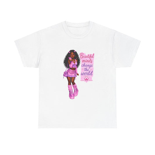 T-Shirt — 'Beautiful Minds Change the World' Pink Afro Girl Graphic