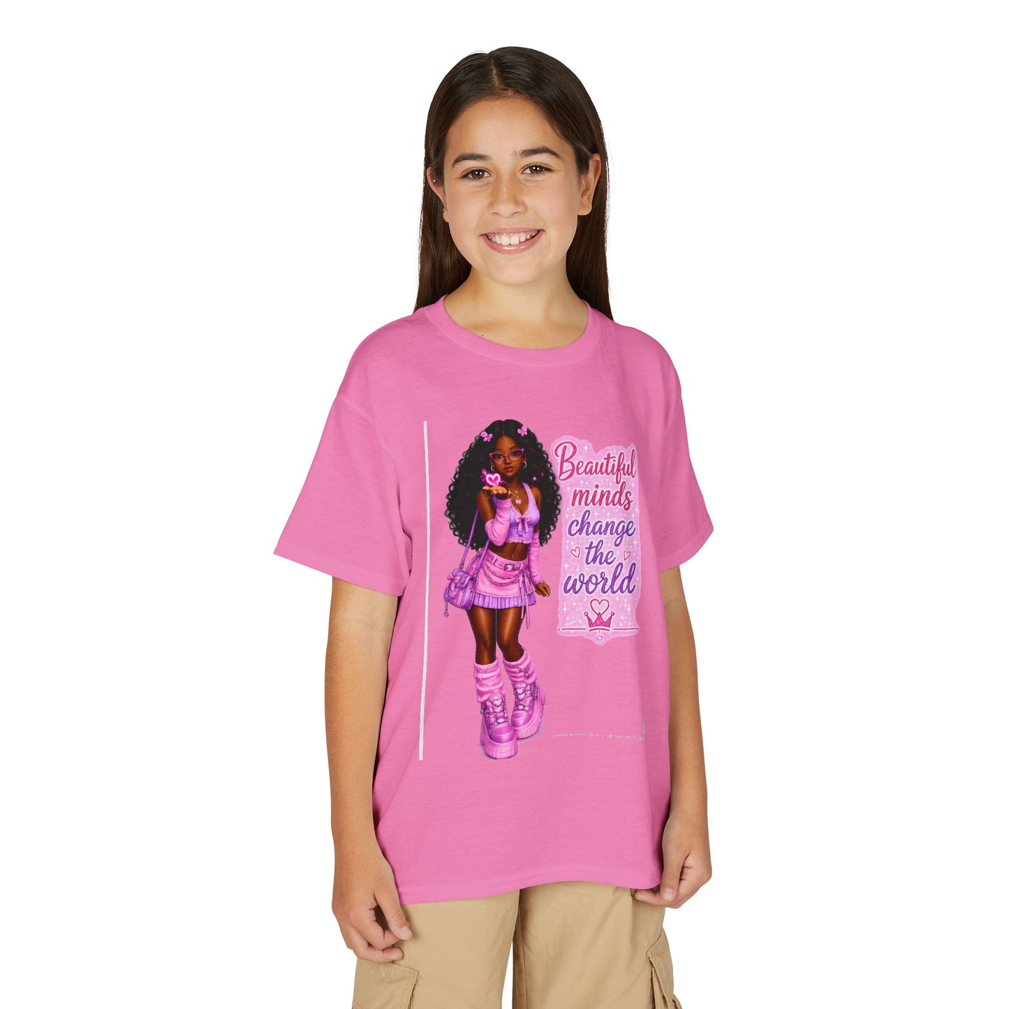 Youth T-Shirt — "Beautiful Minds Change the World" Pink Afro Girl Empowerment Tee
