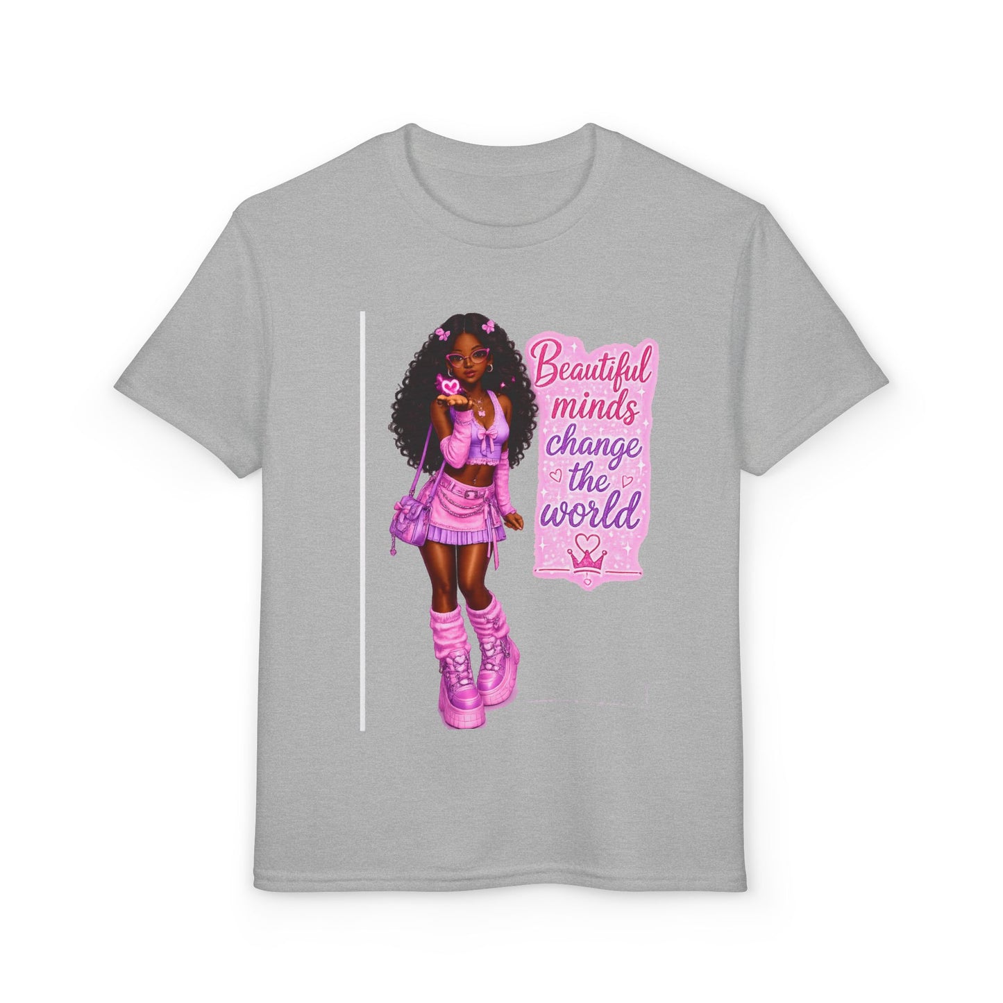Youth T-Shirt — "Beautiful Minds Change the World" Pink Afro Girl Empowerment Tee