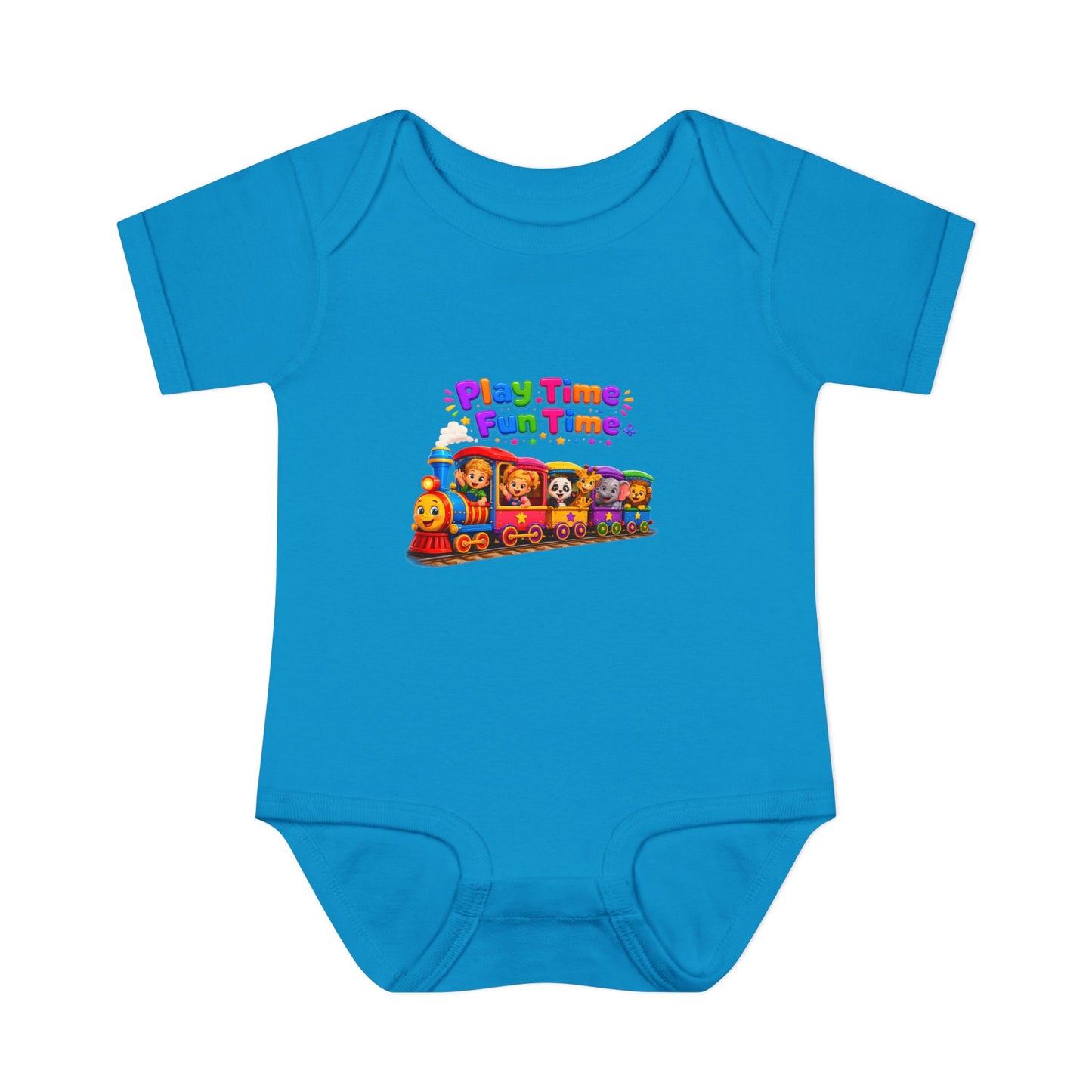 Play Time Fun Time Baby Bodysuit — Colorful Train Infant Onesie
